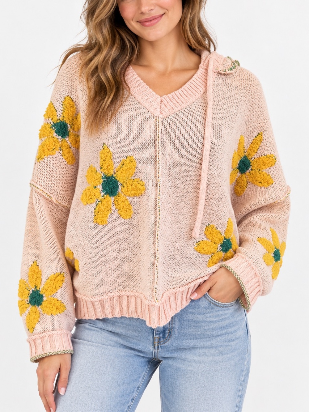 POL Pink Floral V-Neck Chunky Hooded Sweater